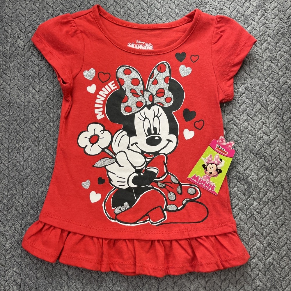 Disney Minnie Mouse Red Silver Black Tshirt Hearts Glitter Size 4T NWT
